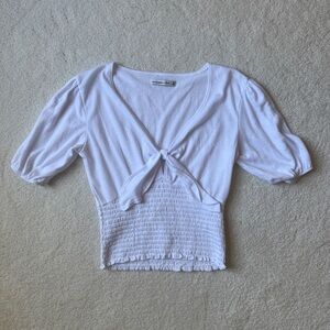 Abercrombie & Fitch White Tie-Front Smocked Crop Top